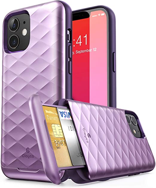Clayco Argos Series Wallet Case for iPhone 12/12 Pro 6.1"(2020 Release), Slim Card Holder Protective Wallet Case Built-in Sliding Credit Card/ID Card Slot (Purple)