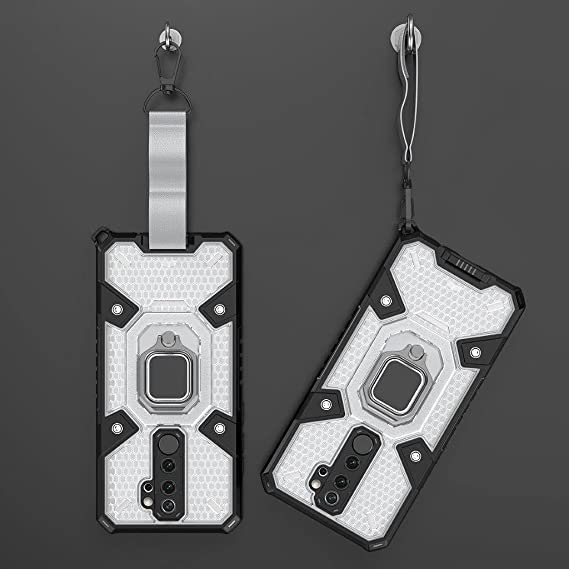 Xiaomi Redmi Note 8 Pro, Heavy Duty Armor Cover -Case Original New All-in-One from GrabMobily - Dual Protection Shockproof Case With Short Lanyard - Transparent & Black