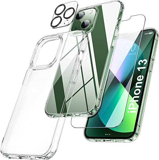 [5-in-1] Designed for iPhone 13 Case, with 2 Pack[ Tempered Glass Screen Protector] + 2 Pack [ Camera Lens Protector] Shockproof Slim Non-Slip Cover Military Grade Drop Protection 6.1''- Clear