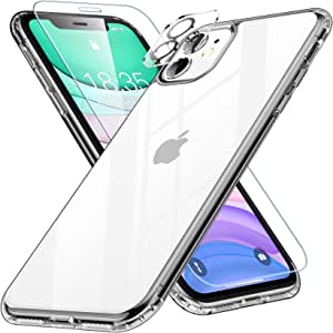 SPIDERCASE for iPhone 11 Case, [Not Yellowing] [Crystal Clear] [with 2 Pcs Tempered Glass Screen Protector & 2 Pcs Camera Lens Protector] Slim Clear Cover for iPhone 11 6.1 inch (Black)