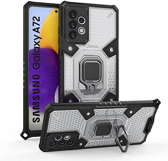 كفر لجهاز Samsung Galaxy A72 4G / 5G جراب الحماية المتكامل ايرون مان ضد الصدمات - من GrabologyStore - ظهر شفاف خلية نحل حواف سوداء مع حلقة مسند وحبل تعليقة للموبيل