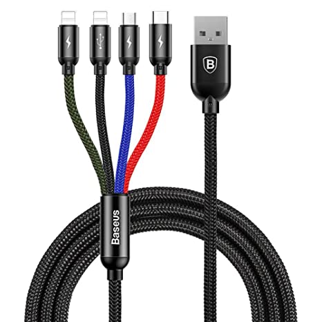 Baseus Multi Charger USB Data Cable iP&Micro USB&Type-C 4in1Charging Cable 3.5A Fast Charging Data Cables (4ft/1.2M - 4in1 Multi-coloured)