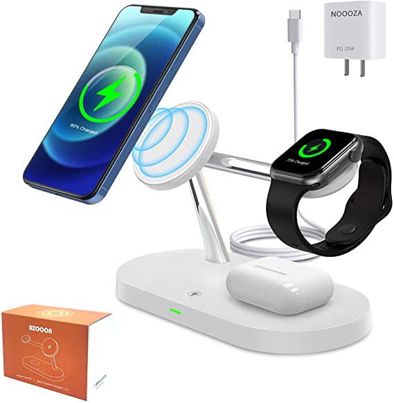 NOOOZA 3 in 1 Magnetic Wireless Charger Fast Charging Station Dock with 20 W QC3.0 Adapter Compatible with iPhone 12/12 Pro Max/Mini/AirPods Pro/AirPods 2 Magsafe Case iwatch Series, White