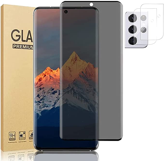 [1 +2 Pack]Galaxy S21 Ultra Screen Protector and Camera Protector, 3D Full Coverage/Anti-Spy/9H Hardness/No Bubbles/Privacy Tempered Glass Screen Protector, for Samsung Galaxy S21 Ultra 5G (6.8")