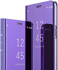 Ysnzaq for Apple iPhone 13 Mirror Phone Case, Makeup Luxury Clear View Smart Window Screen Display and Flip Kickstand Shockproof Wireless Charging Cover for Apple iPhone 13 JM Purple