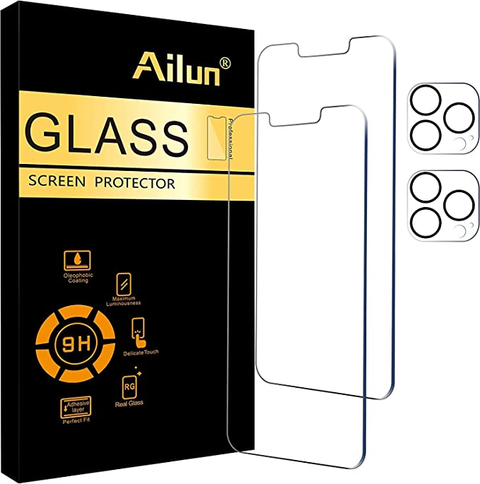 Ailun 2Pack Screen Protector Compatible for iPhone 13 Pro [6.1 inch] Display 2021 + 2 Pack Camera Lens Protector,Tempered Glass Film,[9H Hardness] - HD