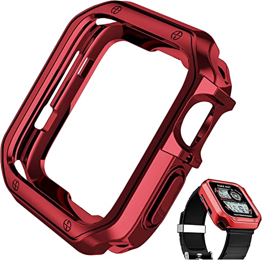 Compatible with Apple Watch Bumper Case 44mm, Beautiful Protective Cover Combination with Stainless Steel & Silicone Band, Lightweight Shockproof TPU Protector for iWatch Series 6/5/4/SE, Red