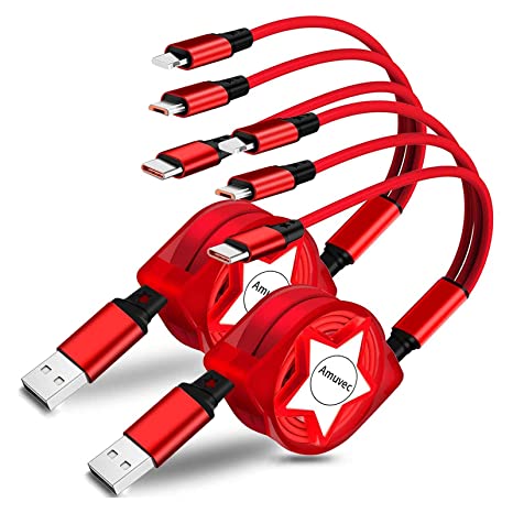 Amuvec Multi Charger Cable, 2Pack Retractable 3 in 1 USB Charging Cable Universal Charge with Micro USB Type C iP Connectors for Phone Samsung Galaxy S9 S8 S7 Google Pixel Tablet Android - Red