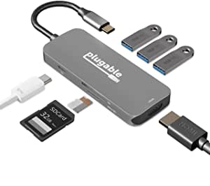 USB C Hub Multiport Adapter, 7-in-1 Plugable Hub Compatible with MacBook Pro, Windows, Chromebook, Dell XPS, Thunderbolt 3 and More (4K HDMI, 3 USB 3.0, SD & microSD Card Reader, 87W Charging)