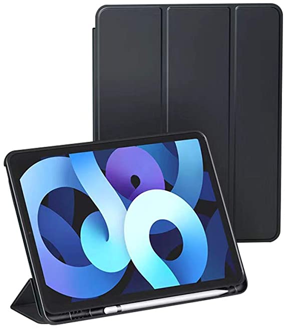 GEEAN Soft Silicone Smart Case with Pencil Holder Foldable Stand Compatible with iPad Air 10.9 Inch 2020 (4th Generation) (Black)