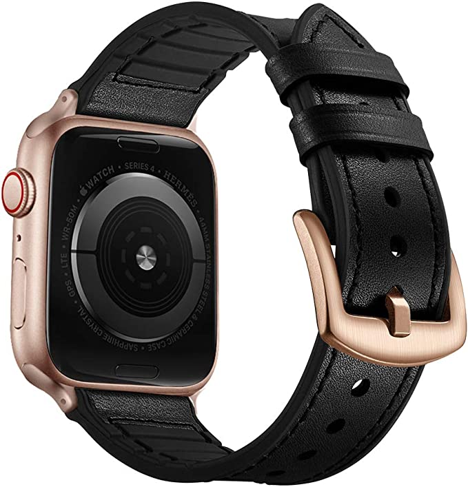 OUHENG Compatible with Apple Watch Band 38mm 42mm 40mm 44mm, Sweatproof Genuine Leather and Rubber Hybrid Band Strap Compatible with iWatch Series 6 Series 5 Series 4 Series 3 Series 2 Series 1 SE