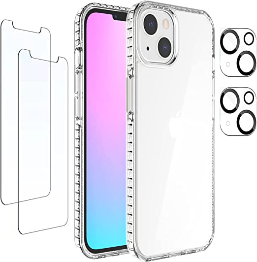 WIEXING [3 in 1] for iPhone13 Mobile Phone Shell Crystal Transparent Body Airbag Protection with 2 Pieces of Screen Protector + 2 Pieces of Camera Lens Film (S: 15.1. x 7.6 x 1 .3cm)