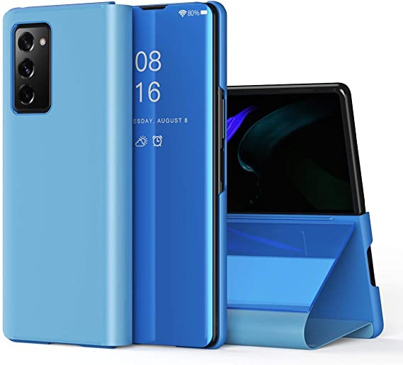 LEMAXELERS Compatible with Galaxy S21 FE Case Slim Mirror Design Clear View Flip Bookstyle Ultra Slim Protecter Shell with Kickstand Protective Cover for Samsung Galaxy S21 FE Mirror PU PU Blue