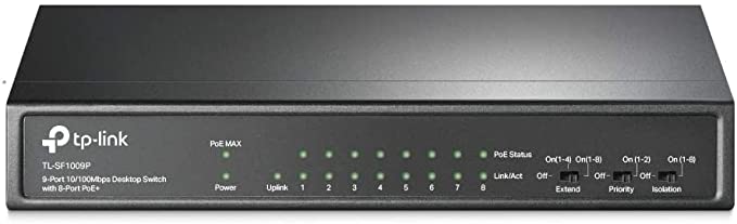TP-Link 9-Port 10/100Mbps Desktop Switch with 8-Port PoE+ - @65W, Sturdy Metal w/Shielded Ports, Limited Lifetime Protection, Extend Mode, Priority Mode, Isolation Mode (TL-SF1009P)