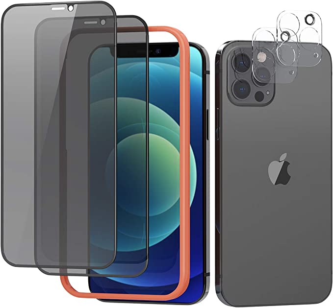 Vebach 2 Pack Privacy Screen Protector for iPhone 12 Pro Max with 2 Pack Camera Lens Protector[Anti-Spy][Military Grade Shatterproof][HD Clear],9H Tempered Glass Film 6.7”2020-Easy Installation Tool