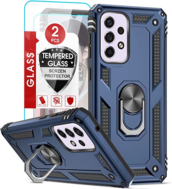 Samsung A33 5G Case, Galaxy A33 5G Case for Men Boys with [2 Pack] Tempered Glass Screen Protector, LeYi [Military-Grade] Protective Phone Case with Ring Kickstand for Samsung Galaxy A33 5G, Blue