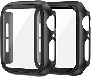 EDIMENS 2 Pack Hard PC Case Compatible with Apple Watch Series 6 / SE / 5 / 4 44mm Women Men, Overall PC Case Slim Tempered Glass Screen Protector Protective Cover for Apple iWatch 44mm SE Black