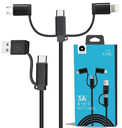 WUW 4 in 1 USBC to USBC 5A Fast Charging & Data Transfer Universal Cable with Apple Lightning, MicroUSB, & USBA Adapters for iPhone & Samsung, iPad & Tablet, Macbook & Laptop, & Other Digital Devices