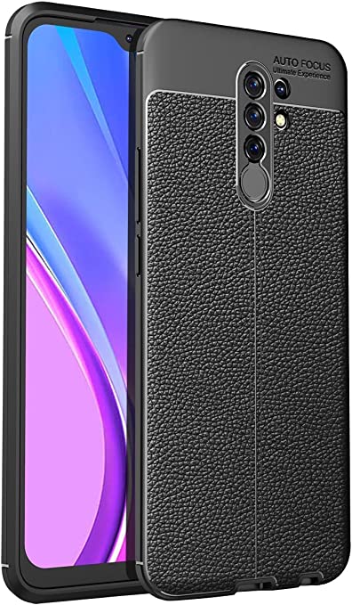 جراب لهاتف Redmi 9 ، جراب حماية شديدة التحمل من GrabMobily - غطاء مقاوم للصدمات بنمط جلدي متين رفيع للغاية من ألياف الكربون المصقولة - مقاوم للانزلاق - جراب عالي الجودة - أسود
