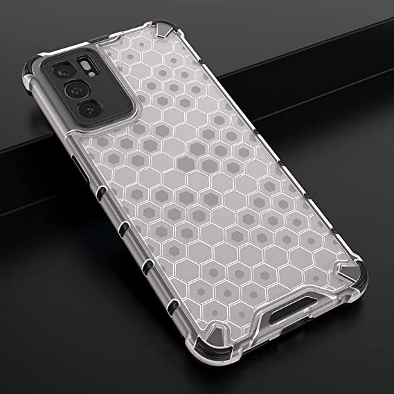 Case For Oppo Reno 6 5G - premium quality cover From GrabMobily - Iron Man Shockproof Cover - Shockproof Case -Black Edges Transparent Beehive Back
