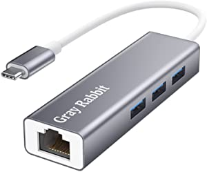USB C to Ethernet Adapter,USB C to RJ45 Gigabit Ethernet, USB C to USB 3.0 HUB, Compatible with MacBook Pro, iPad Pro, MacBook/Air, iPad Air 2020, XPS 15/13, Surface Book 2 Grey