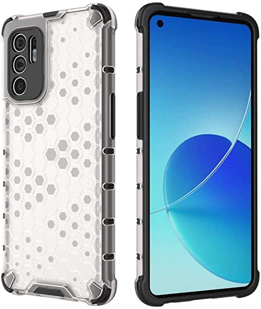 جراب Oppo Reno 6 4G - غطاء عالي الجودة من GrabMobily - غطاء Iron Man ضد الصدمات - جراب مقاوم للصدمات - حواف سوداء خلفية خلية النحل الشفافة