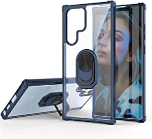 AOCOCEN for Galaxy S22 Ultra Case, Clear Crystal Armor Defender Design Hybrid Protective Case Cover [Ring Holder Kickstand][Magnetic Car Mount Feature] for Samsung Galaxy S22 Ultra 5G 6.8'' 2022,Blue