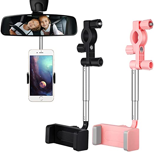 360°Rearview Mirror Phone Holder (2 Pack),Universal Car Rearview Mirror Phone Mount Stand GPS Holder, Smartphone cradle Stand and Back Seat Mobile Phone Holder for Most 4-6.1 Inch Phones (Pink, Black)