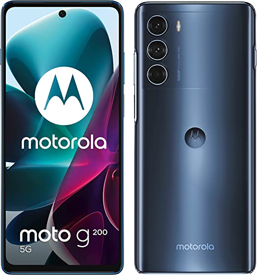 Motorola moto g200 5G Smartphone (6.8 inch FHD+ Display, 144 Hz, 108 MP Camera, 8/128 GB, 5000 mAh, Android 11), Stellar Blue, Includes Protective Cover + Car Adapter [External Car Adapter)