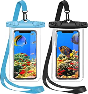 Waterproof Phone Case, SHANSHUI Universal Waterproof Cell Phone Pouch Holder with 2 Patches Compatible with iPhone and More Smartphones (Black, Blue/ 2 Pcs)