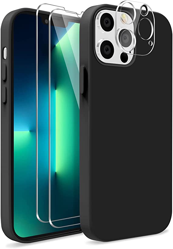 KSWOUS iPhone 13 Pro Max Case 6.7 Inch with Screen Protector[2 Pack] + Camera Lens Protector[1 Pack], Liquid Silicone Ultra Slim Shockproof Protective Phone Case with Soft Microfiber Lining(Black)