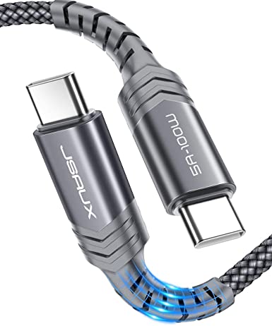 USB C to USB C 100W Cable 10ft, JSAUX USB Type C Fast Charging Charger Cord Compatible with MacBook Pro 2020 2019 2018, iPad Air 4, iPad Pro 2020 2018, Galaxy S21 S20 Ultra Note 20 10, etc-Grey