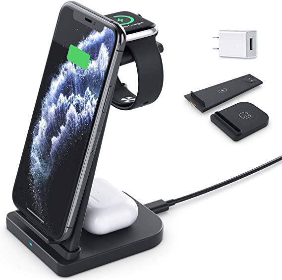 Wireless Charging Station 3 in 1 QI Wireless Charger Compatible for iPhone 11/11 Pro/11 Pro Max/XR/XS Max/XS/X/8/8 Plus AirPods Pro/Airpods 2, iWatch 6/5/4/3/2,Black(with QC 3.0 Adapter)