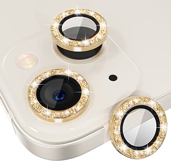 [2+1] Choiche for iPhone 13 / iPhone 13 Mini Camera Lens Protector Bling, 9H Tempered Glass Camera Cover Screen Protector Metal Ring Decoration Accessories (Glitter-Gold)