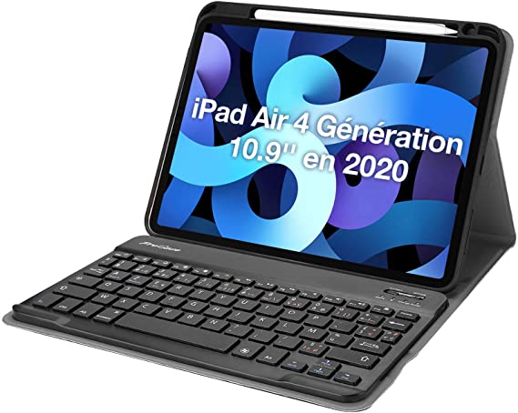 ProCase Keyboard Clavier pour iPad Air 4ème, Étui Clavier AZERTY Français pour iPad 10.9 Pouces en 2020, Modèle A2324, A2072, A2316, A2325, Housse de Protection + Clavier sans Fil Détachable de 7mm