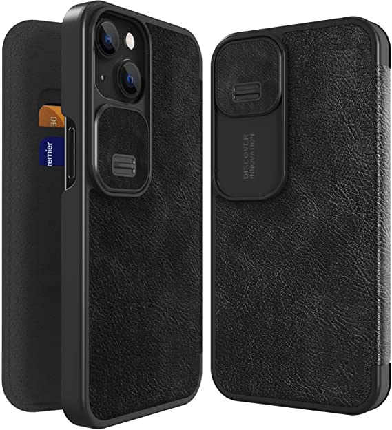Compatible with iPhone 13 (6.1"-inch) Wallet Case with Card Holder & Slide Camera Cover, PU Leather Flip Case Durable Shockproof Cover for iPhone 13 Phone Case 6.1 Inch (Black)
