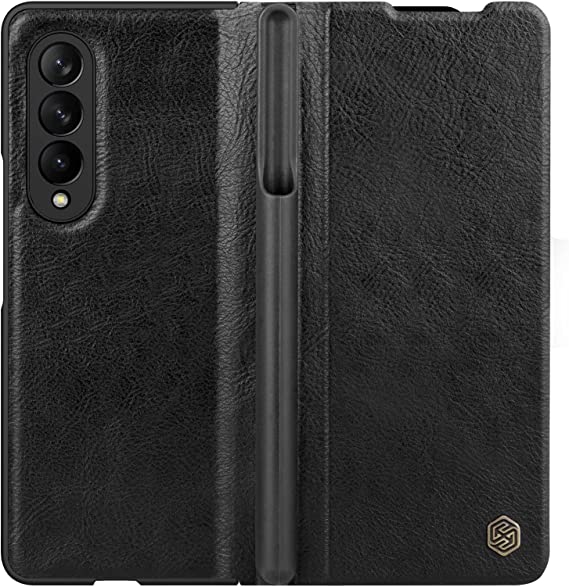 Nillkin Case for Samsung Galaxy Z Fold 3 (7.6" Inch) Qin Genuine Classic Leather Flip Folio + Card Slot Black Color