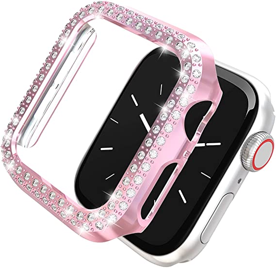 Leotop Compatible with Apple Watch Case 40mm 44mm, PC Plated Hard Bumper Bling Crystal Diamonds Shiny Glitter Cover frame Compatible iWatch Series 6 5 4 SE for Women Girls (Rose Pink, 40mm)
