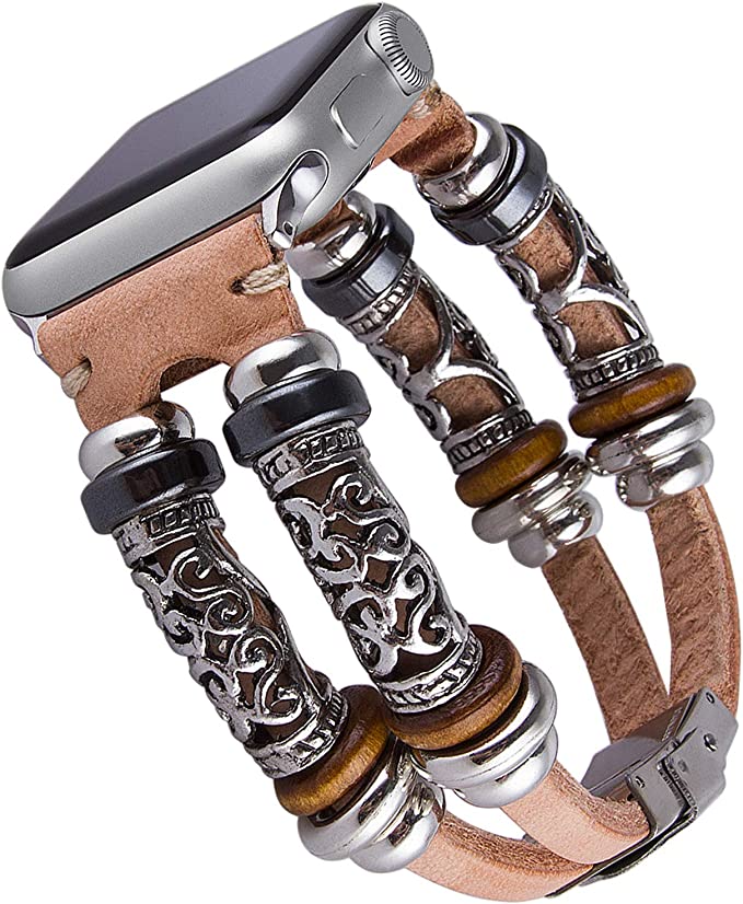 Vikoros Vintage Leather Strap Compatible with Apple Watch 38mm 40mm 42mm 44mm, Handmade Boho Fancy Cuff Bracelet Replacement Wristband for iWatch Series 5/4/3/2/1 Sport Women