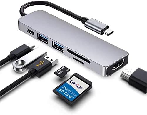 HAMTOD USB C Hub,USB-C Hub 6-in-1, with 4K HDMI USB 3.0 SD/TF Card Reader USB C to HDTV Adapter,55W PD Type C Adapter Compatible for MacBook Pro, Laptops Mac OS XPS, PC, Flash Drive, Mobile HDD-Grey