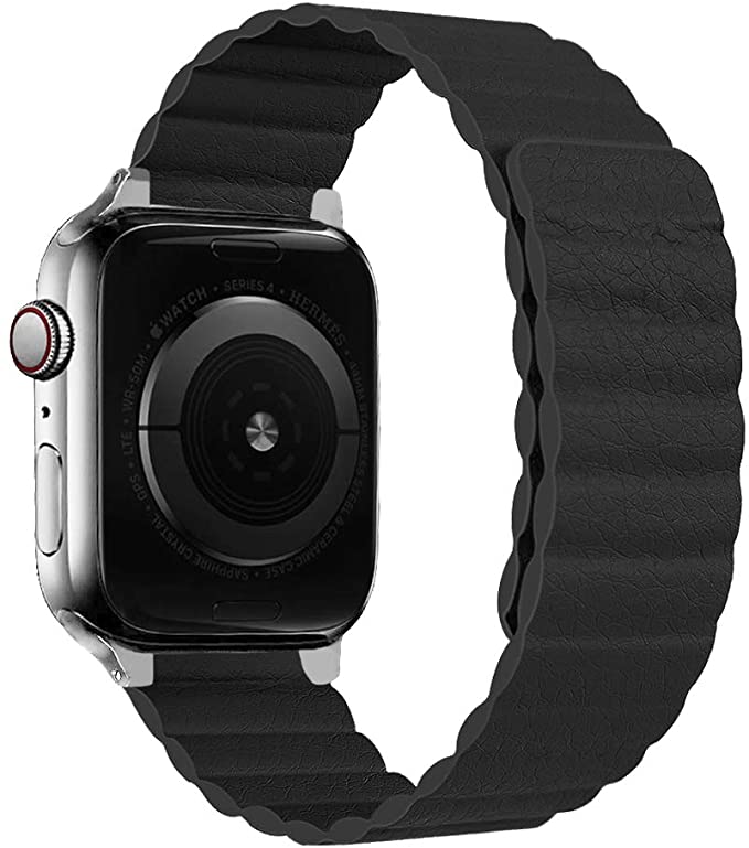 iBazal Leather Magnetic Band Compatible with iWatch Band 44mm 42mm 40mm 38mm, Adjustable Leather Strap with Strong Magnetic Closure for iWatch Series SE/6/5/4/3/2/1（Black-42/44