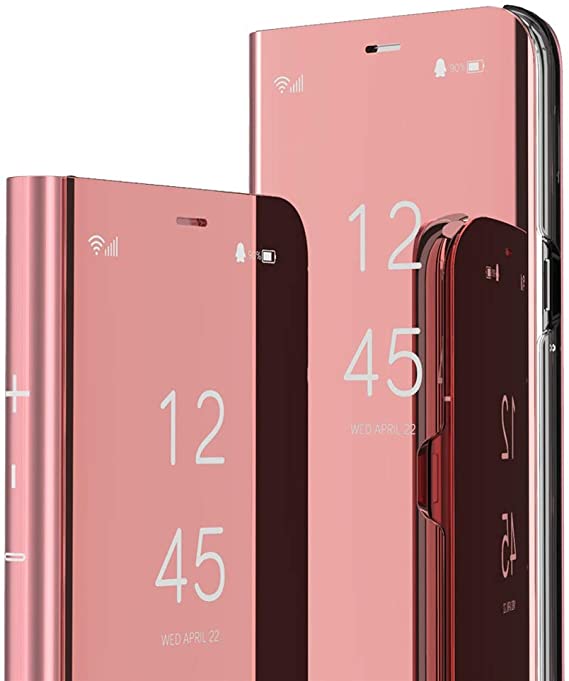 QIVSTARS Case For Samsung Galaxy A80 / A90 Cool Style Clear View Window Electroplate Plating Stand Scratchproof Full Body Protective Flip Ultra Slim Cover for Samsung Galaxy A80 PU Mirror:Rose Gold QH
