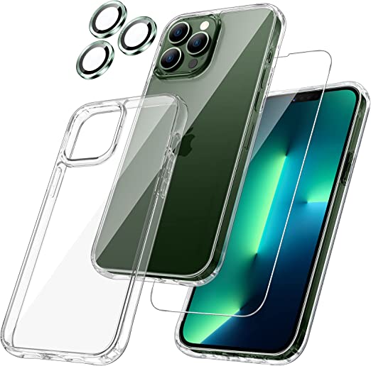 [3 in 1] VEGO for 13 Pro Max Case, Clear Case + Ultra-HD 9H Tempered Glass [Metal Ring Camera Lens Protector + Front Screen Protector] with Military Full Body Drop Protection (Clear+Alpine Green)