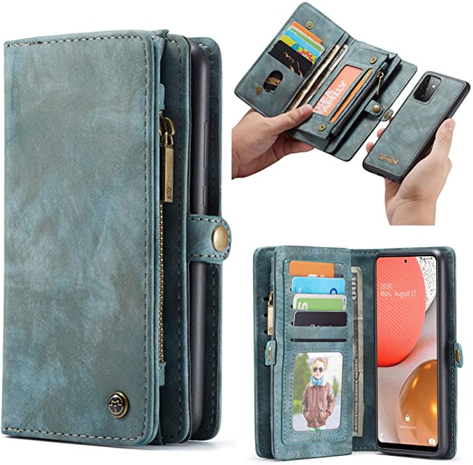 SWP Case for Samsung Galaxy A72, Wallet Case w/Magnetic Detachable Cover [11 Card Slots] Clutch Wallet w/Wristlets Money Pocket Case Compatible with Samsung Galaxy A72 5G (Blue-Green)