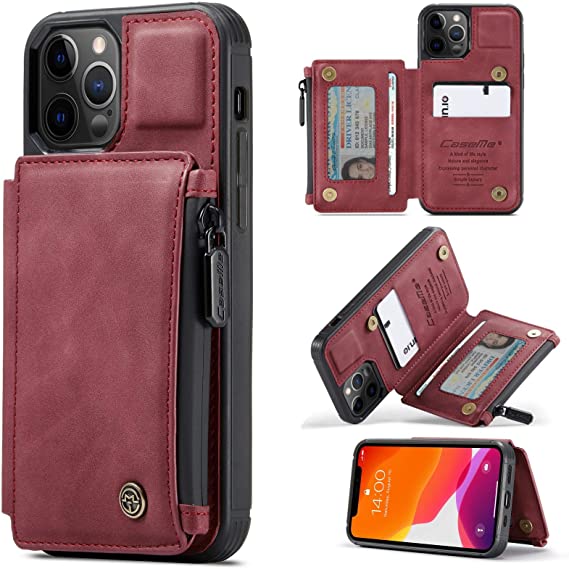Kowauri Wallet Case for iPhone 12 Pro Max,Double Magnetic Clasp Zipper Purse PU Leather Wallet Case with Credit Card Slot Holder Back Flip Cover for iPhone 12 Pro Max 6.7 inch 2020 (Red)