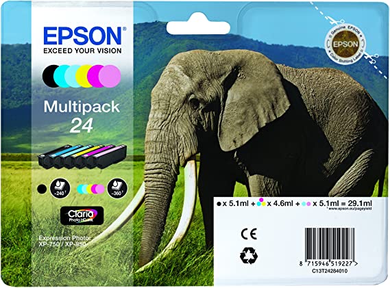 Epson 24 Elephant Genuine Multipack, 6-colours Claria Photo HD Ink Cartridges, Amazon Dash Replenishment Ready