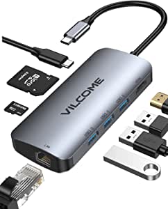 vilcome USB C Hub Adapter, 8-in-1 USB C Adapter,with 4K USB C to HDMI,SD/TF Card Reader and Ethernet,3 USB 3.0 Ports,87W Power Delivery,for MacBook Pro, iPad Pro 2019/2018, Pixelbook, XPS, and More