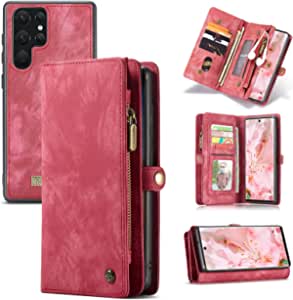 Kowauri for Samsung Galaxy S22 Ultra Wallet Case,Zipper Purse Leather Shockproof TPU Bumper Detachable Magnetic Flip Case with Card Slots Stand Wallet Case for Samsung Galaxy S22 Ultra 5G (Red)