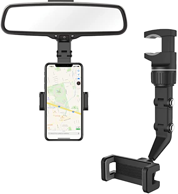 FURNIE Rearview Mirror Phone Holder for Car, Rotatable and Retractable Car Phone Mount, Multifunctional Rearview Mirror Phone Holder, Compatible for Phone 13 12 Pro Max Mini 11 XR XS X Galaxy (Gray)