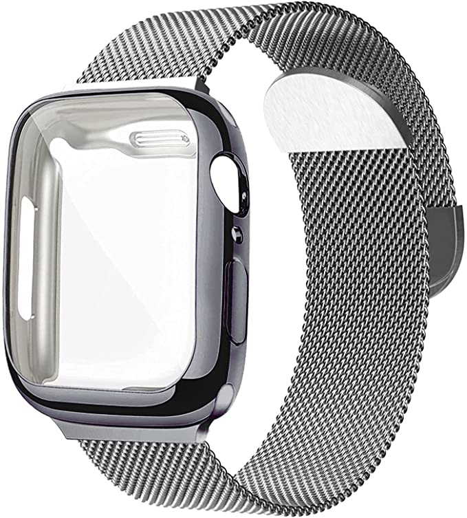 Metal Mesh Magnetic Band with Case Compatible with Apple Watch Bands 40/44mm,Sport Adjustable Stainless Steel Closure Milanese Loop Strap for Women Men Wristband Compatible for iWatch Series SE/6/5/4